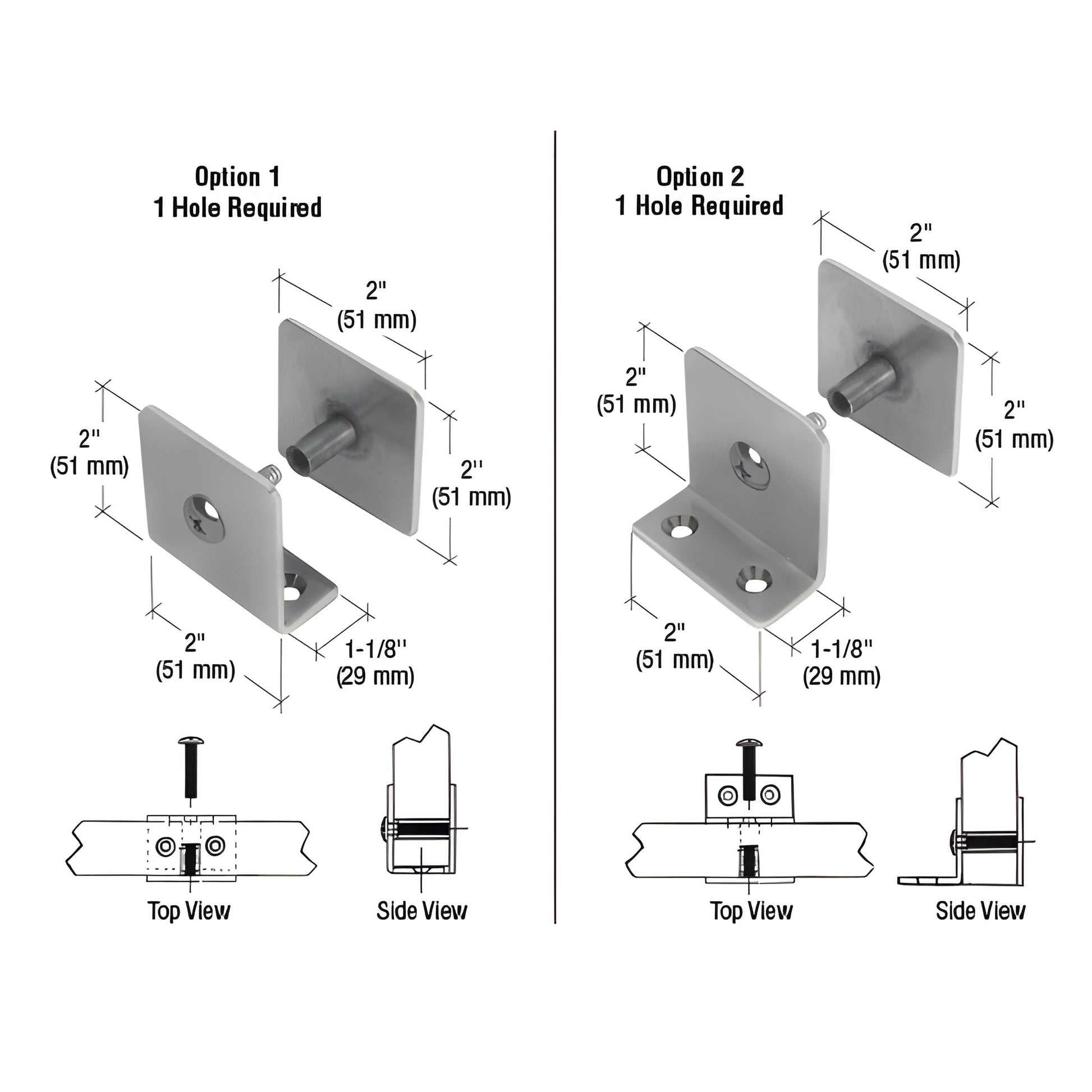 Brushed stainless steel U-clamp PB001BS for 1-1/4" (32mm) bullet-resistant glazing; two mounting options, key dimensions.