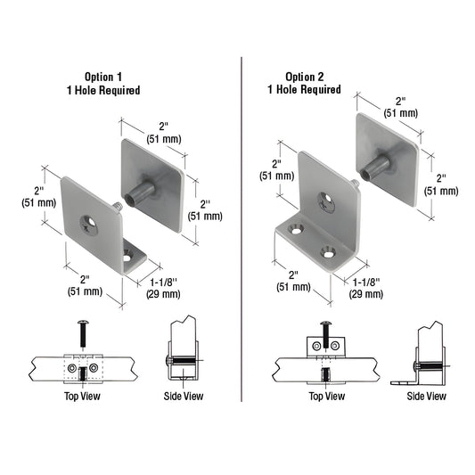Brushed stainless steel U-clamp PB001BS for 1-1/4" (32mm) bullet-resistant glazing; two mounting options, key dimensions.