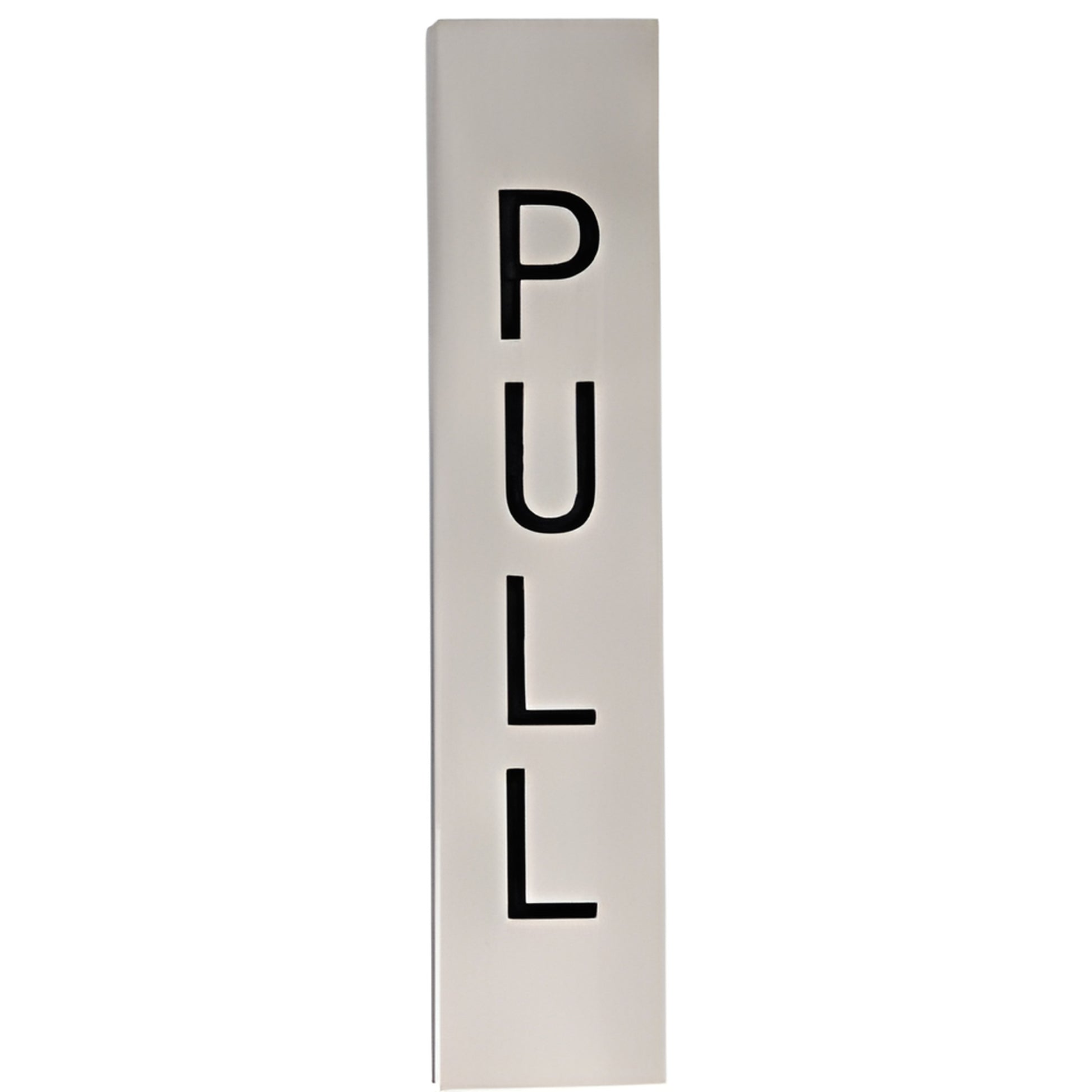 Brushed stainless steel vertical push-pull door indicator, etched black PULL letters, 4.5" x 1", adhesive back