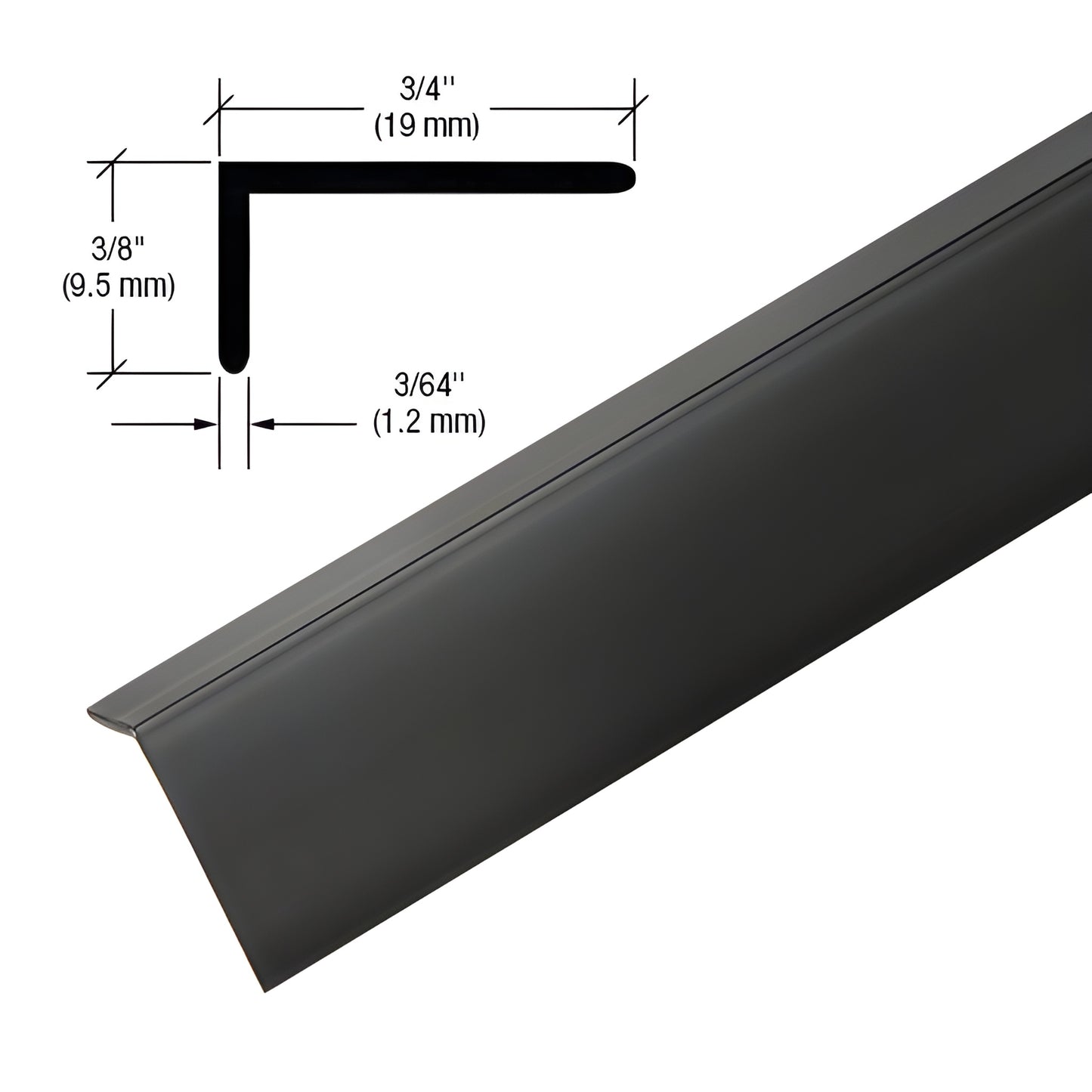 VLT75MBL matte black vinyl L-shaped shower trim strip, 95" length, pre-applied tape, shown with dimensional diagram.