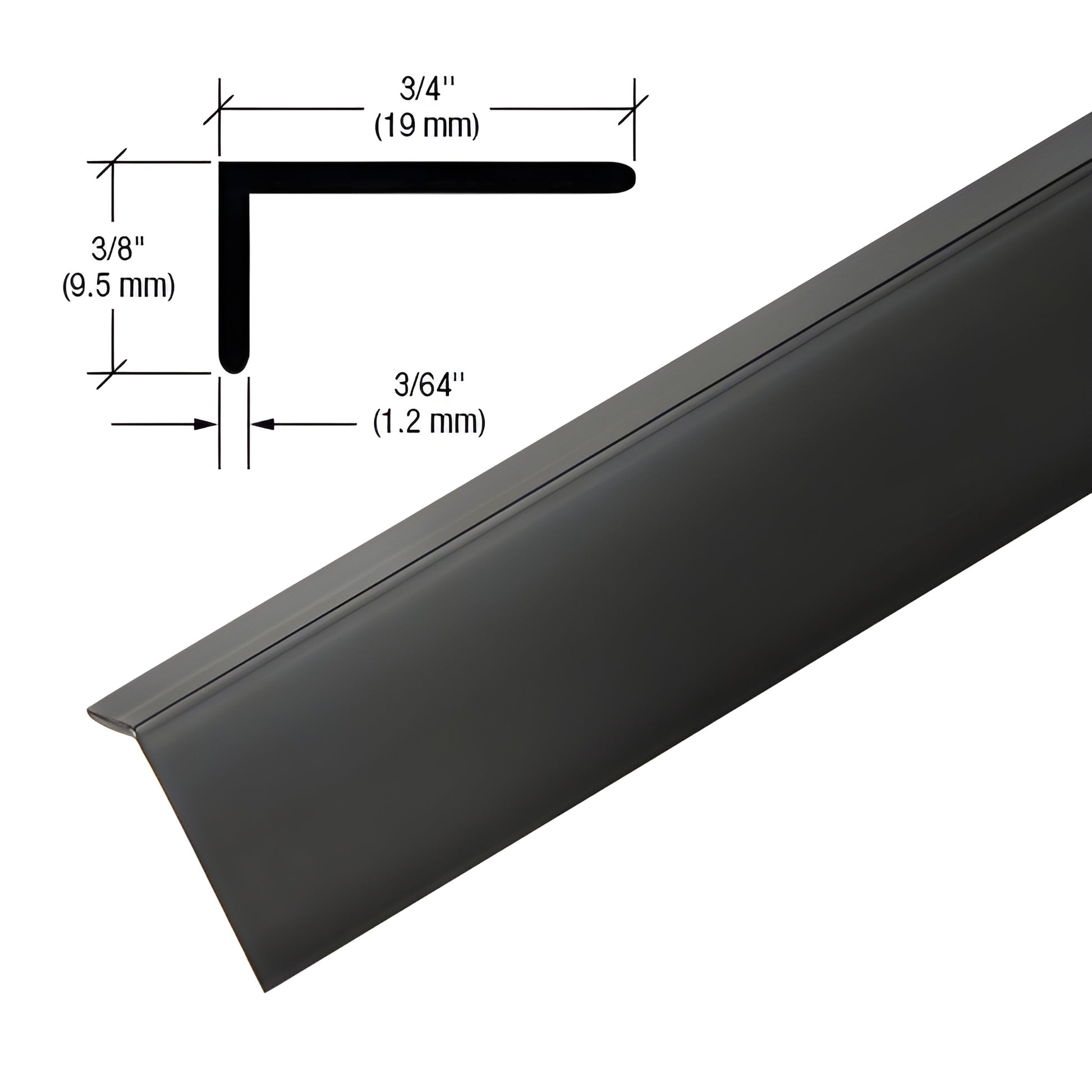 VLT75MBL matte black vinyl L-shaped shower trim strip, 95" length, pre-applied tape, shown with dimensional diagram.
