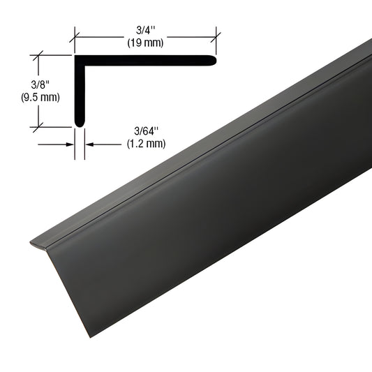 VLT75MBL matte black vinyl L-shaped shower trim strip, 95" length, pre-applied tape, shown with dimensional diagram.
