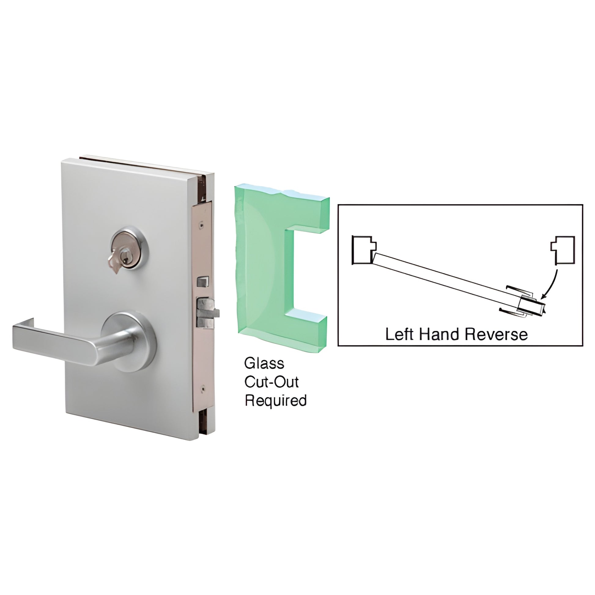 Satin anodized 6x10 center lock (DL611LSSC) for 1/2" glass, lever handle deadlatch, left-hand reverse