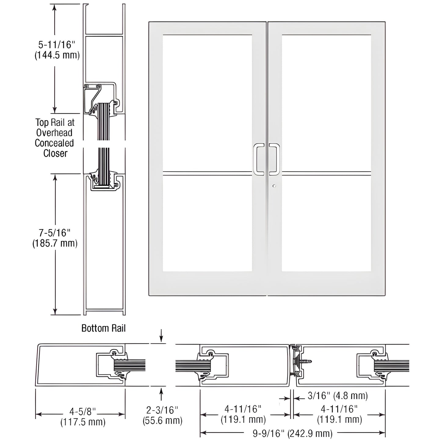 CRL SF42452 white Kynar medium-stile double entrance door, impact-ready glass prep, commercial hardware locations.