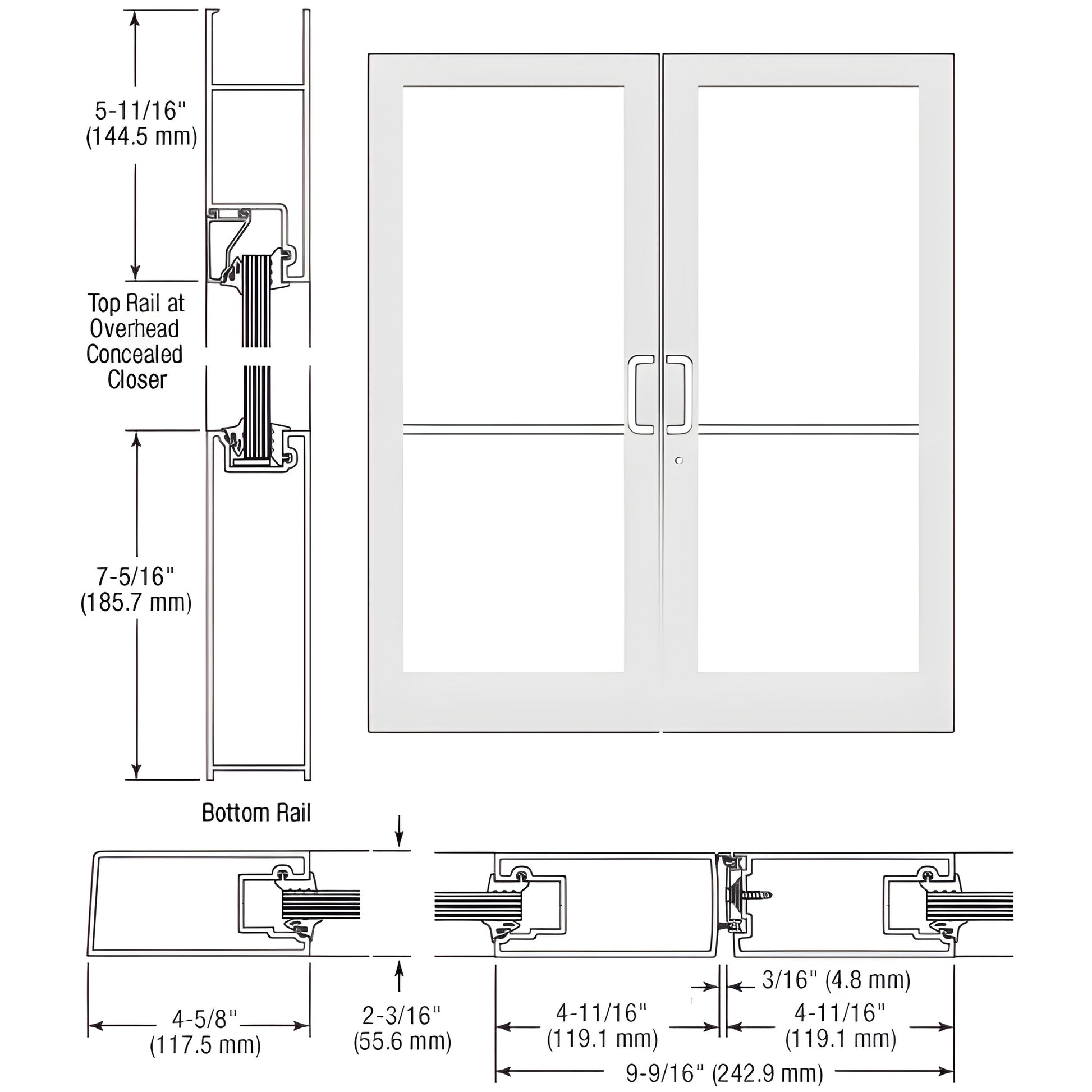 CRL SF42452 white Kynar medium-stile double entrance door, impact-ready glass prep, commercial hardware locations.