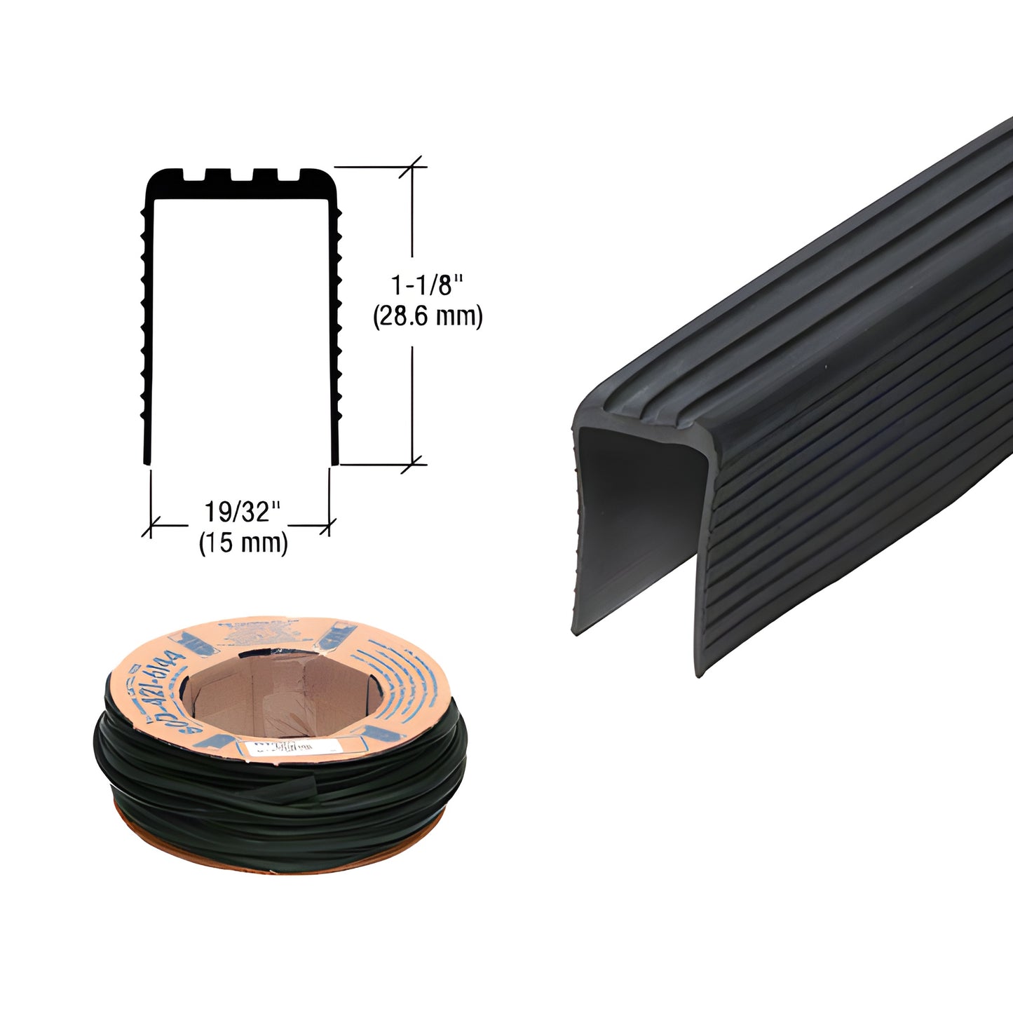 GR6PV black rubber vinyl insert for 15mm glass, U-channel profile, 1-1/8" high, 100 ft roll
