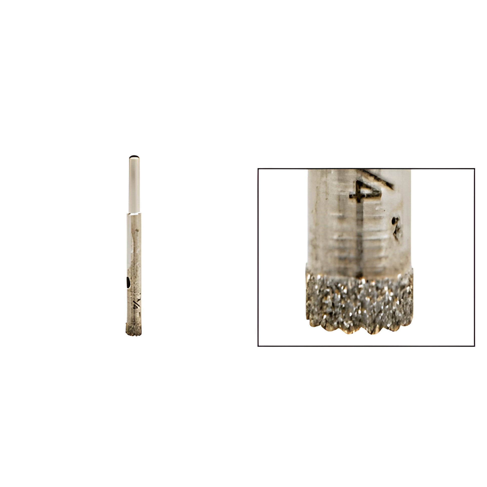 AG14 diamond-plated glass drill bit, 1/4" diameter, 3/8" reduced round shank, sawtooth cutting edge