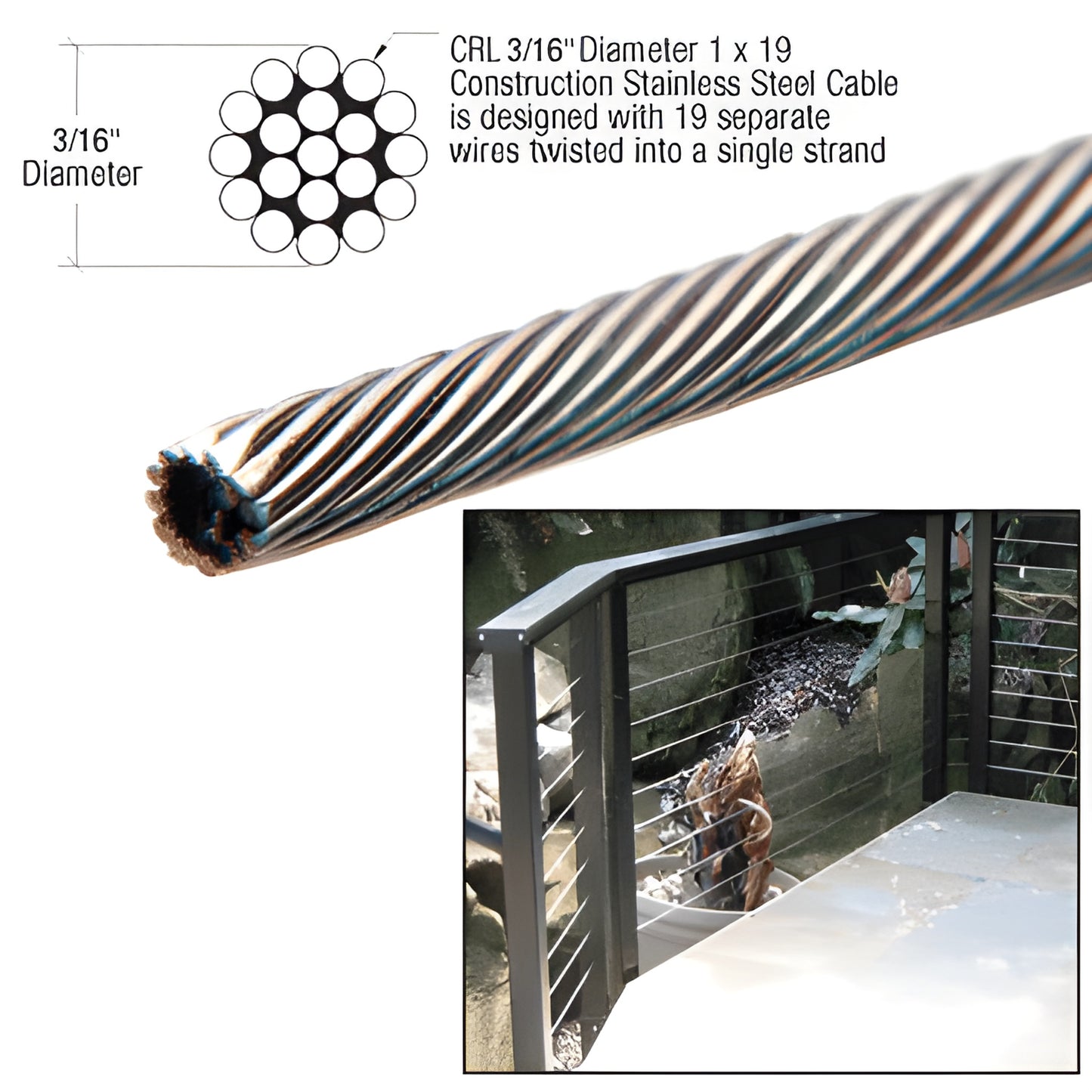 3/16 in (5 mm) 1x19 Type 316 stainless steel cable for railing infill, SKU CBLH316