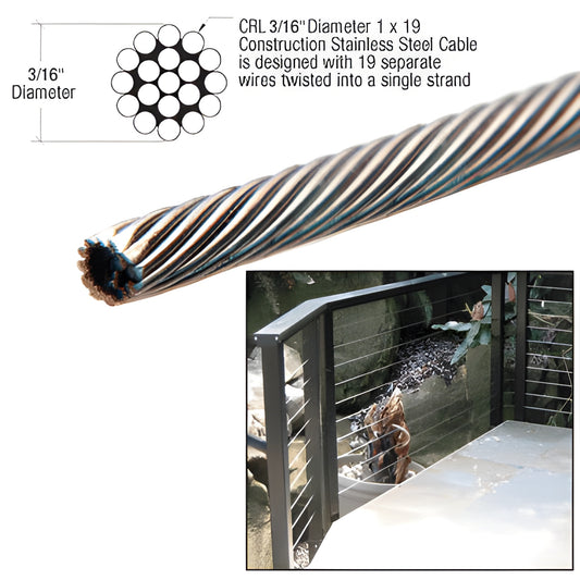 3/16 in (5 mm) 1x19 Type 316 stainless steel cable for railing infill, SKU CBLH316