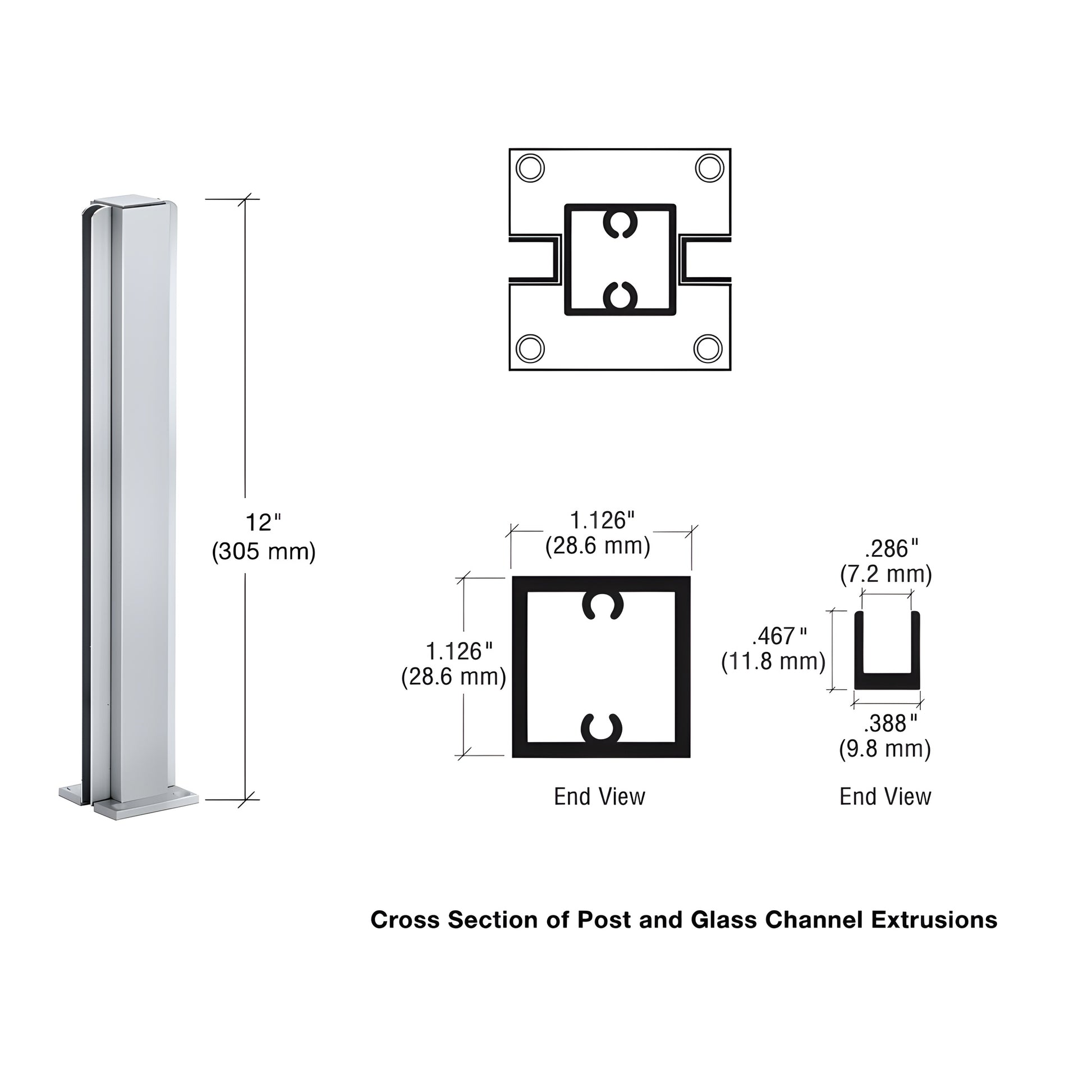 12" satin anodized aluminum square partition post with U-channel for 1/4" glass, SKU D990A12C
