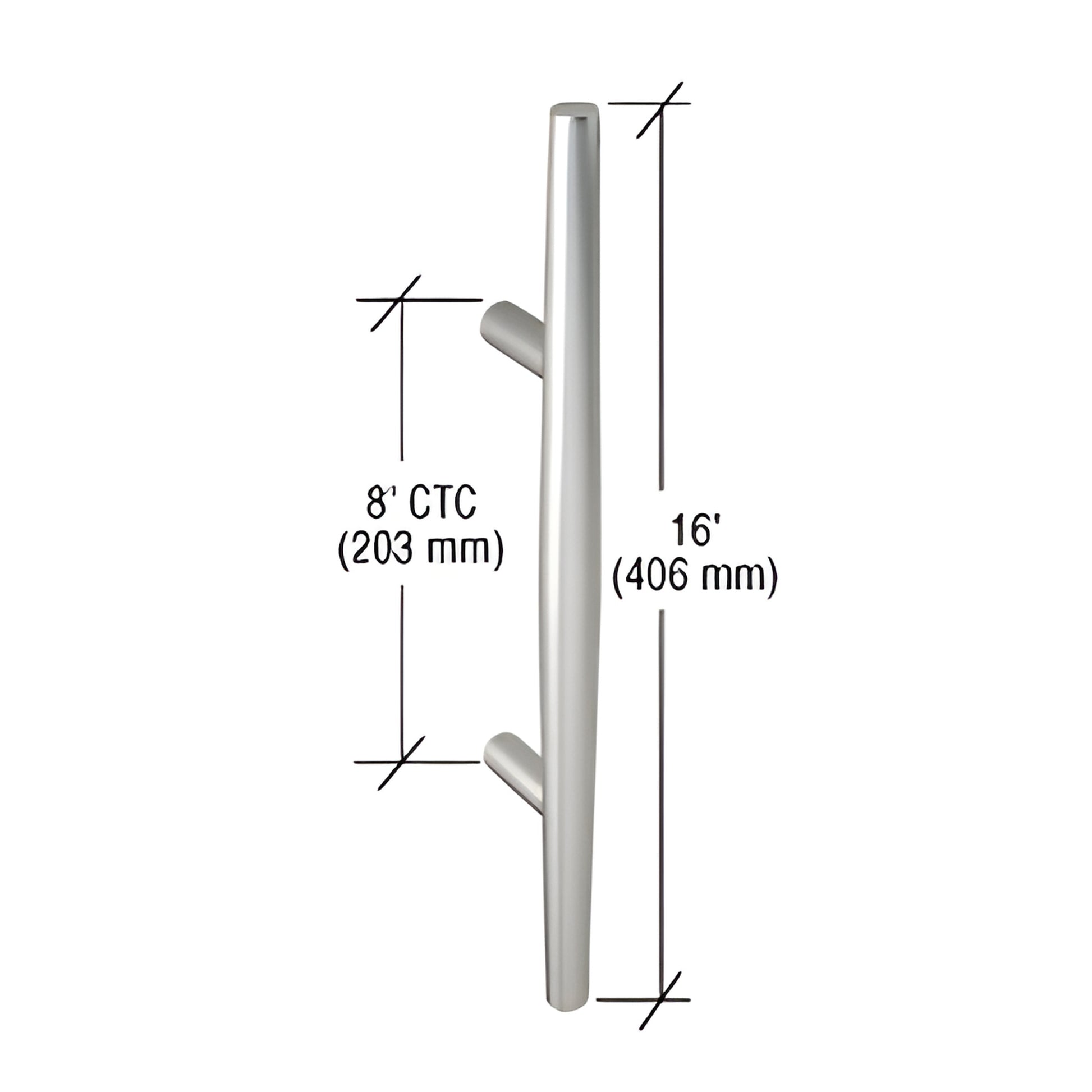 CRL SKU 9590 clear anodized brushed aluminum tapered door pull, 16" overall, 8" ctc, 1.5" projection