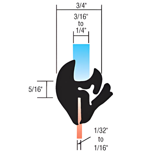 AS1522: black EPDM one-piece self-sealing weatherstrip, 3/4" wide, fits 3/16-1/4" glass, 50 ft roll