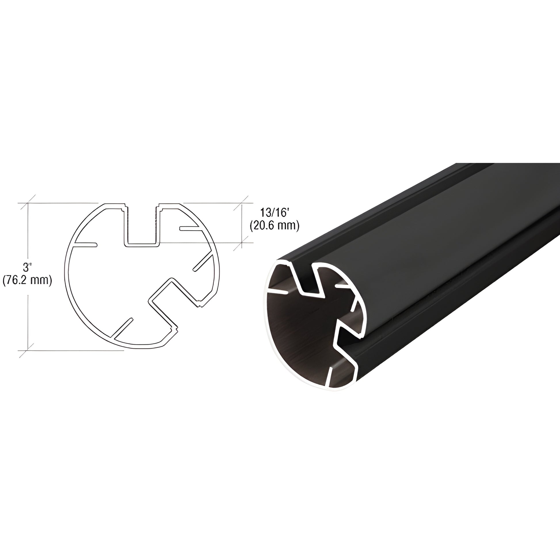 Matte black aluminum round 3" glass post for 135 connections, accepts 1/4-1/2" panels - RP560BL