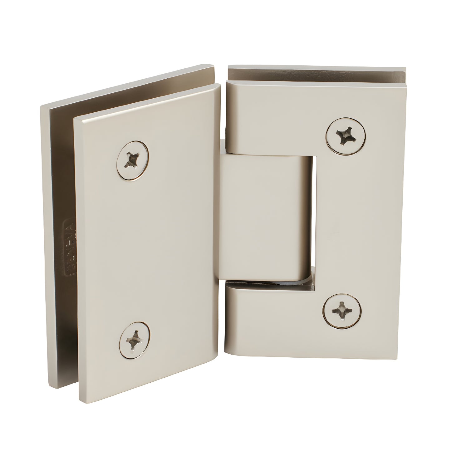 GEN045SN satin nickel square glass-to-glass shower hinge, solid brass, self-centering 135 pivot for 8-12mm glass