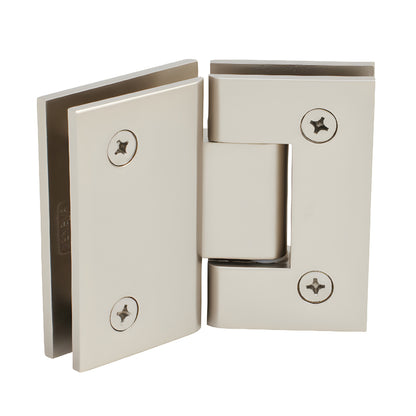 GEN045SN satin nickel square glass-to-glass shower hinge, solid brass, self-centering 135 pivot for 8-12mm glass
