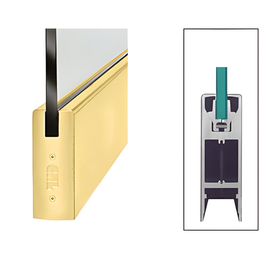 6 in satin brass CRL Wedge-Lock bottom door rail for 1/2 in glass, profile and cross-section (SKU DR6SSB12C)