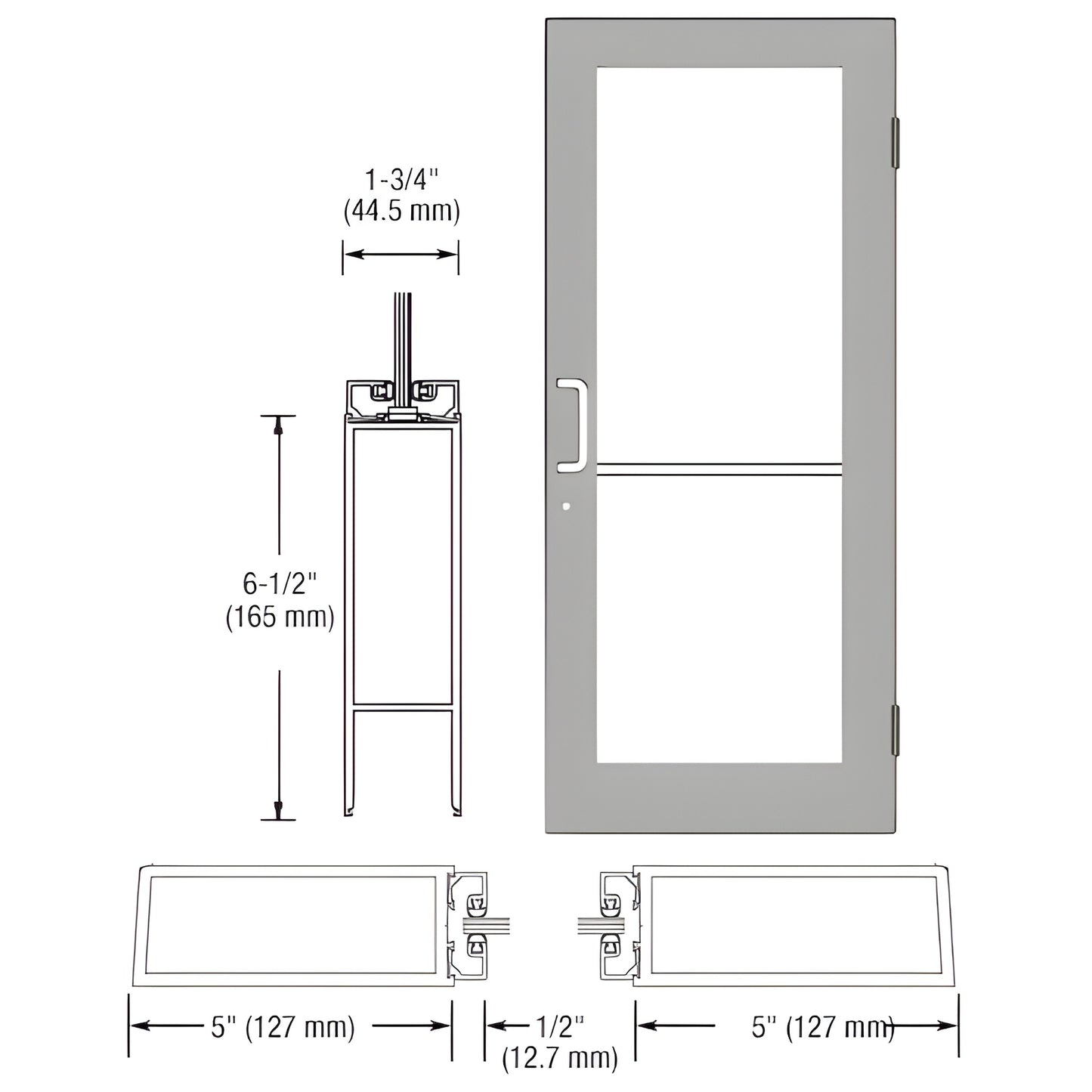 Clear anodized wide-stile commercial entrance door diagram with glass, push/pull handle and dimensions. SKU DC51511