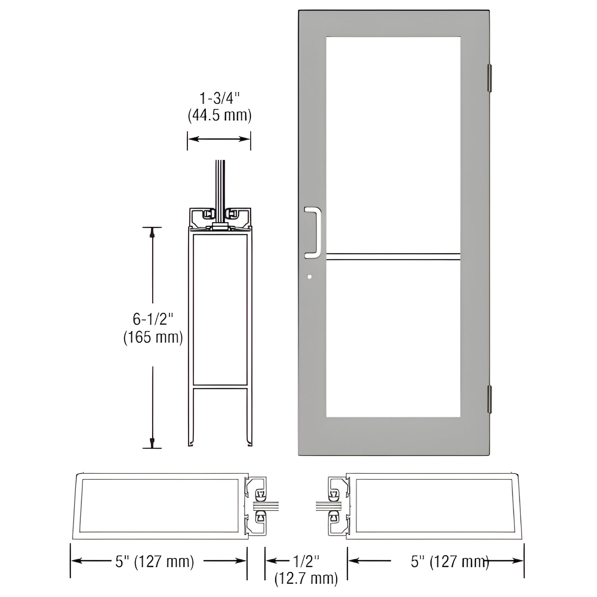 Clear anodized wide-stile commercial entrance door diagram with glass, push/pull handle and dimensions. SKU DC51511