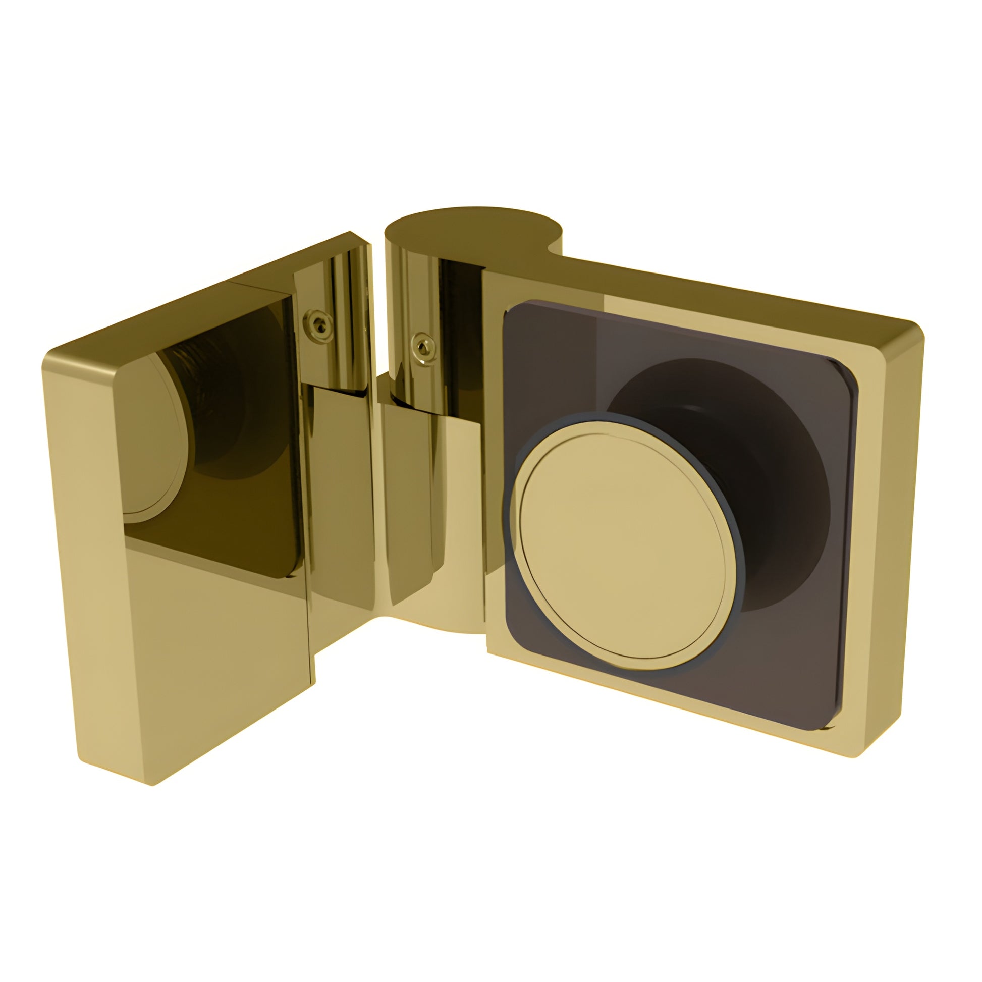 Satin brass Lugano glass shower door hinge (LUG044RSB), concealed modern left-hand hinge for 8-10mm frameless glass.