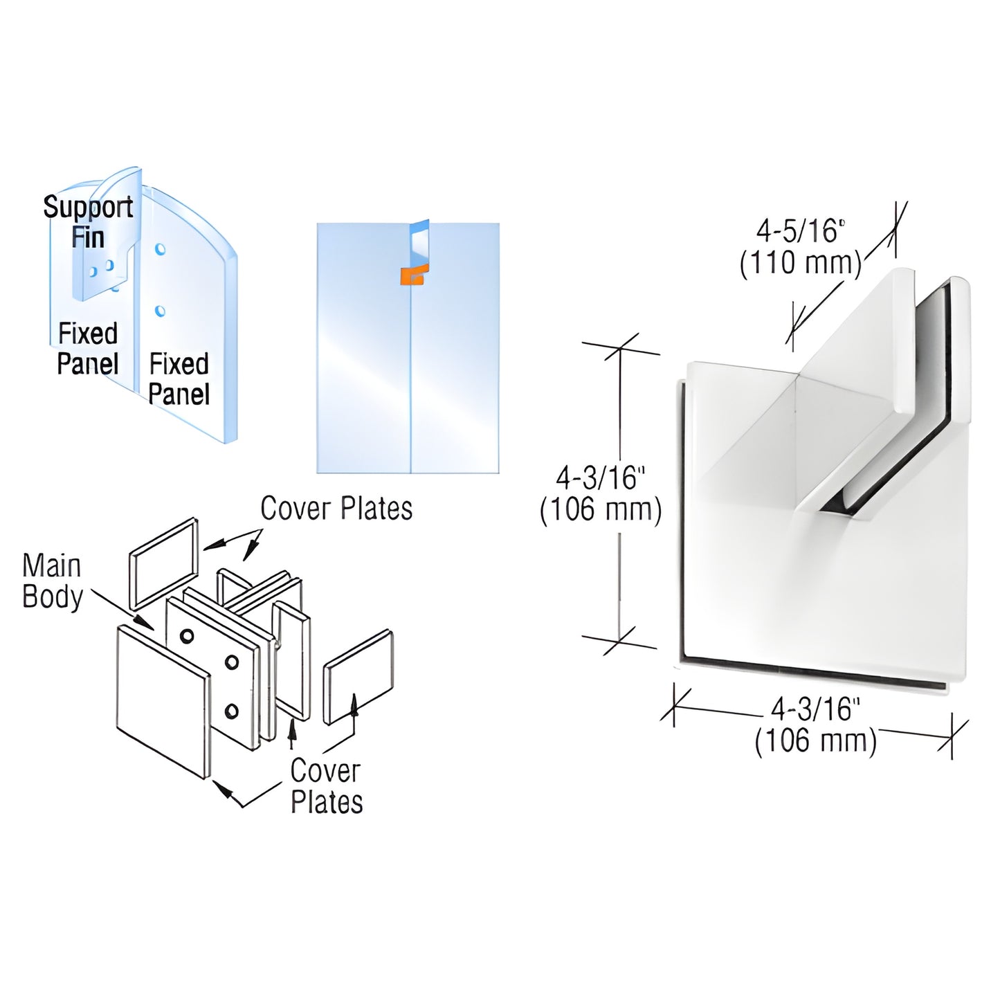 PH81A satin-anodized patch connector with support fin bracket for 3/8" or 1/2" glass - exploded diagram and dimensions.