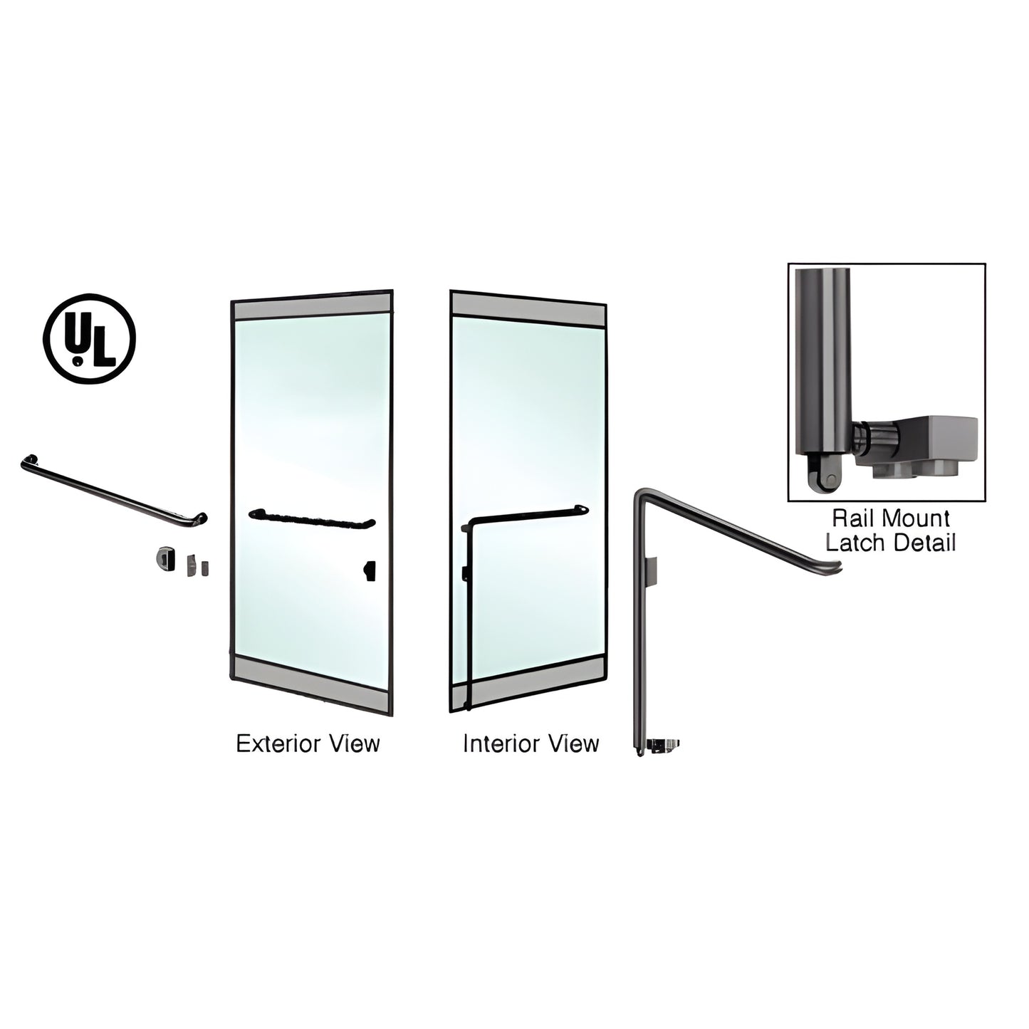 Oil rubbed bronze PA110 panic rail handle for glass doors, left-hand, 1-1/4" diameter, rail-mount latch