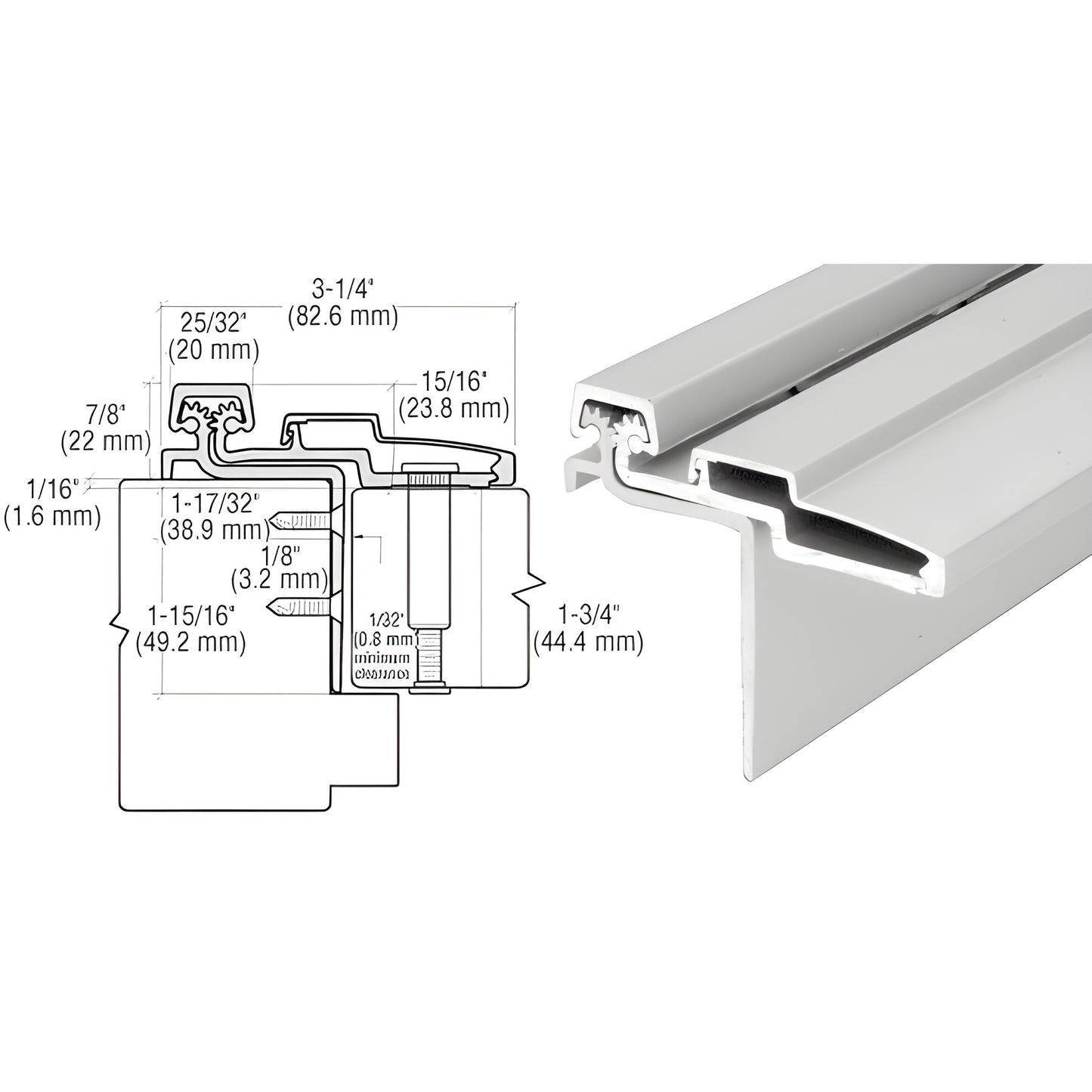 CRL Roton 211HD83A satin-anodized aluminum concealed continuous hinge, 83 in, wrap-around frame, heavy-duty (up to 600 lb)