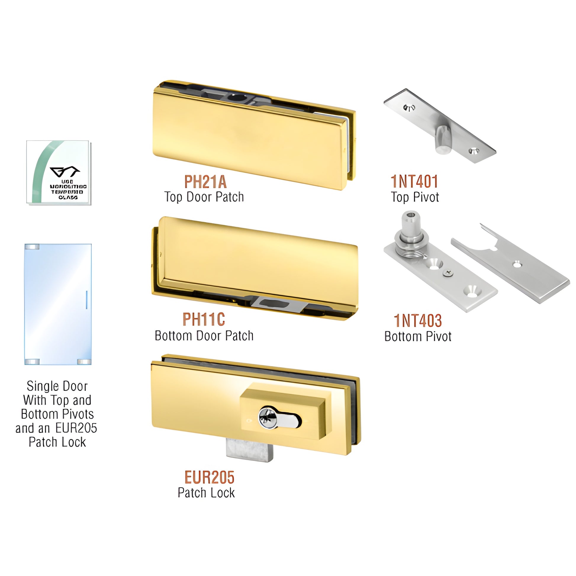 PHE1LBR polished brass European patch door kit - top/bottom patches, pivots and optional EUR205 lock for 3/8-1/2 glass.