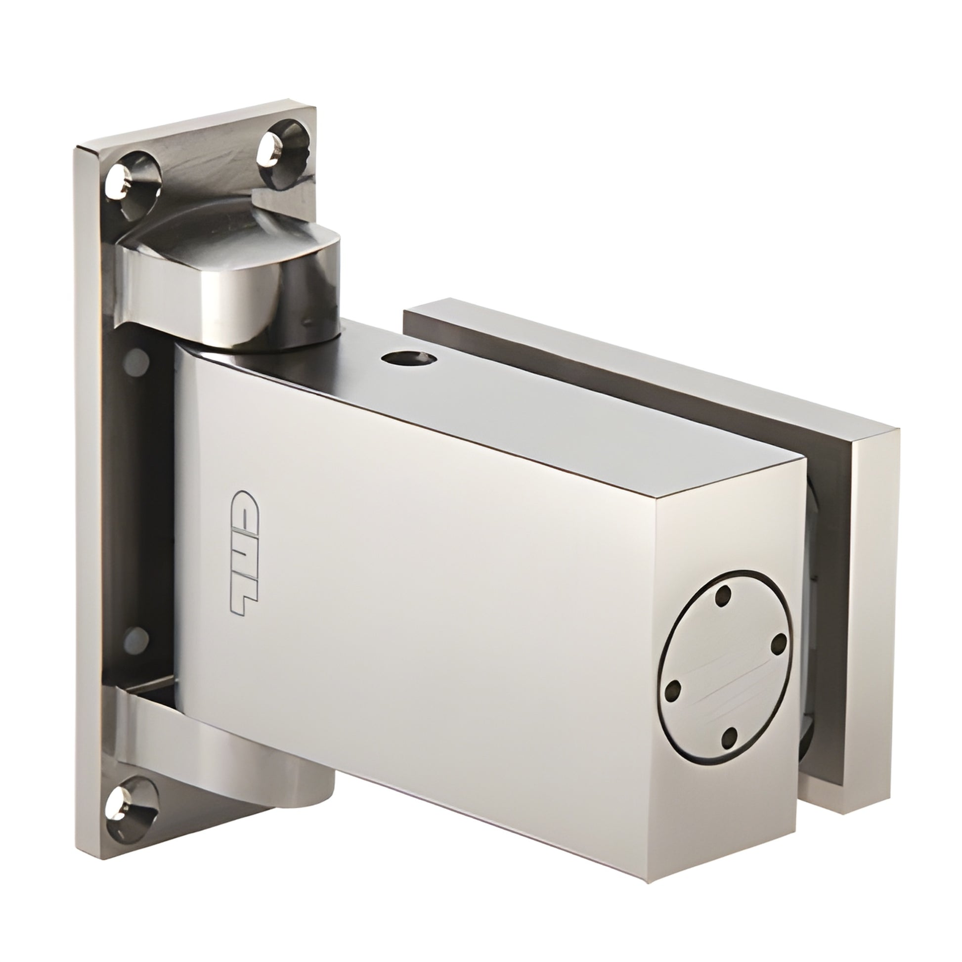 H8060SN satin nickel wall-mount oil-dynamic hinge for 8-12mm tempered glass, one-way self-closing with 90 hold-open