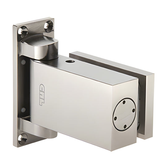 H8060SN satin nickel wall-mount oil-dynamic hinge for 8-12mm tempered glass, one-way self-closing with 90 hold-open
