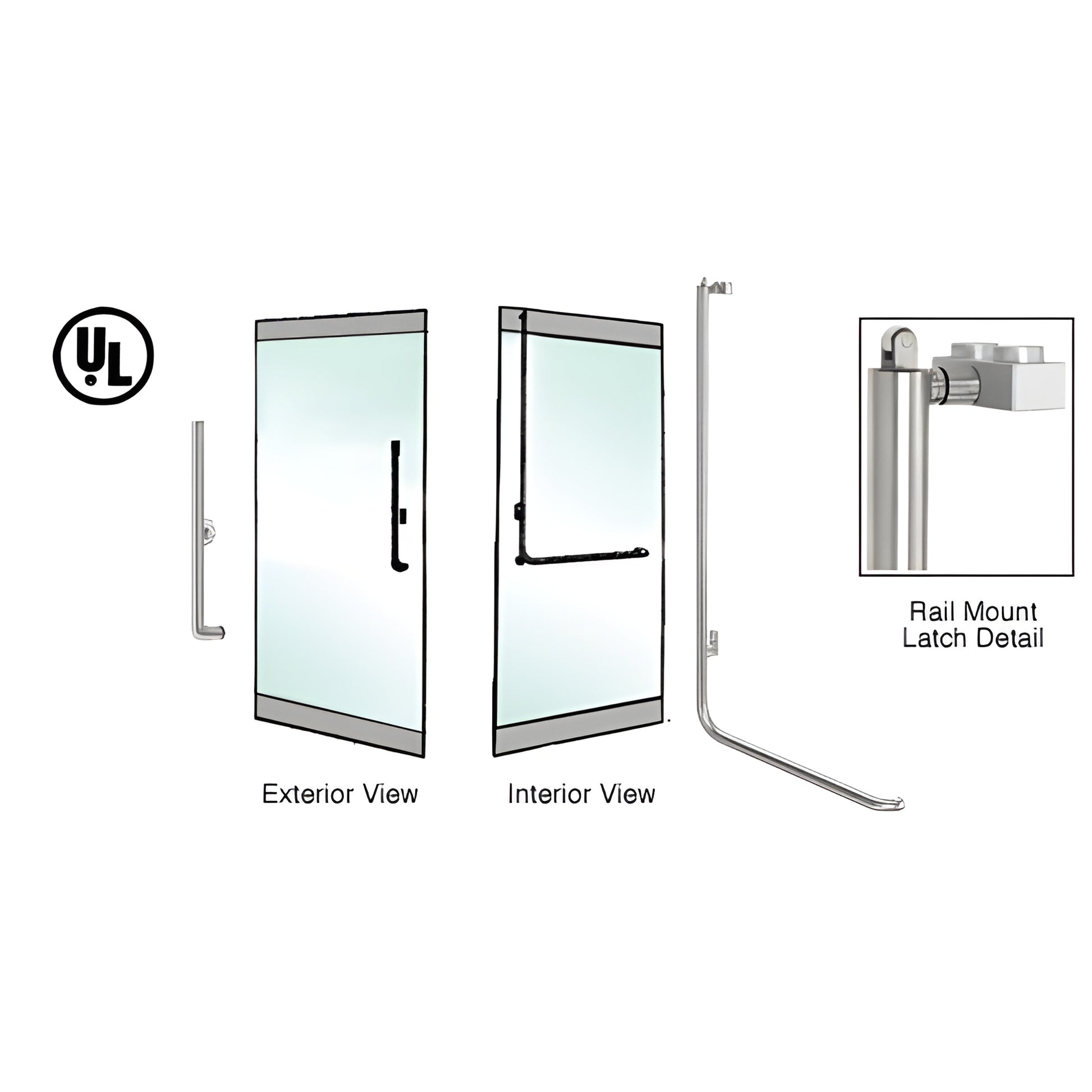 Brushed stainless steel PA100 rail mount panic handle for tempered glass doors, exterior/interior views and latch detail.