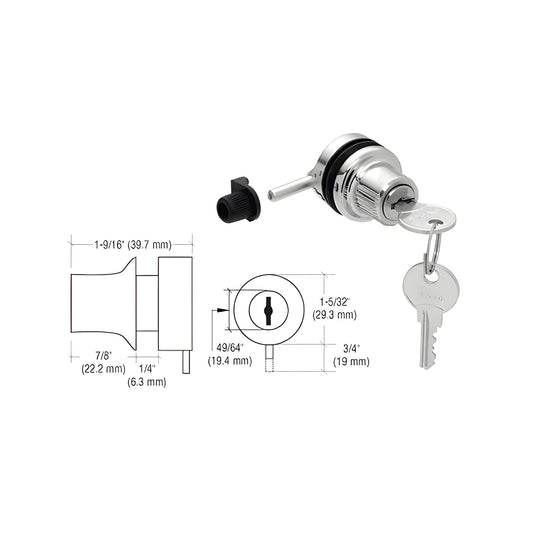 Black chrome thru-glass plunger lock with keys and black press-in keeper, for 3/16-1/4" (5-6mm) glass.