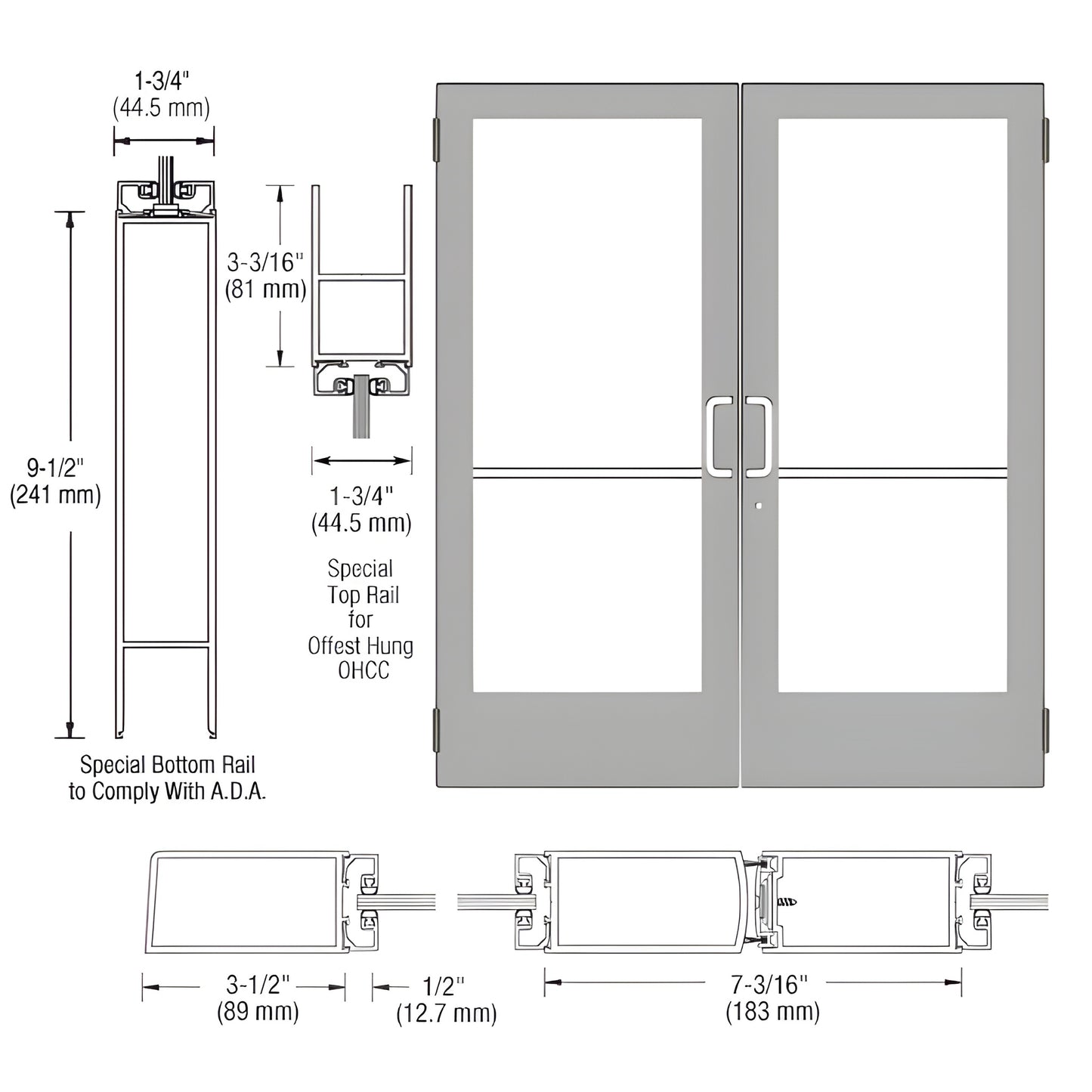 DE42411 clear anodized medium-stile double entrance door with large glass panels, ADA 9.5" bottom rail
