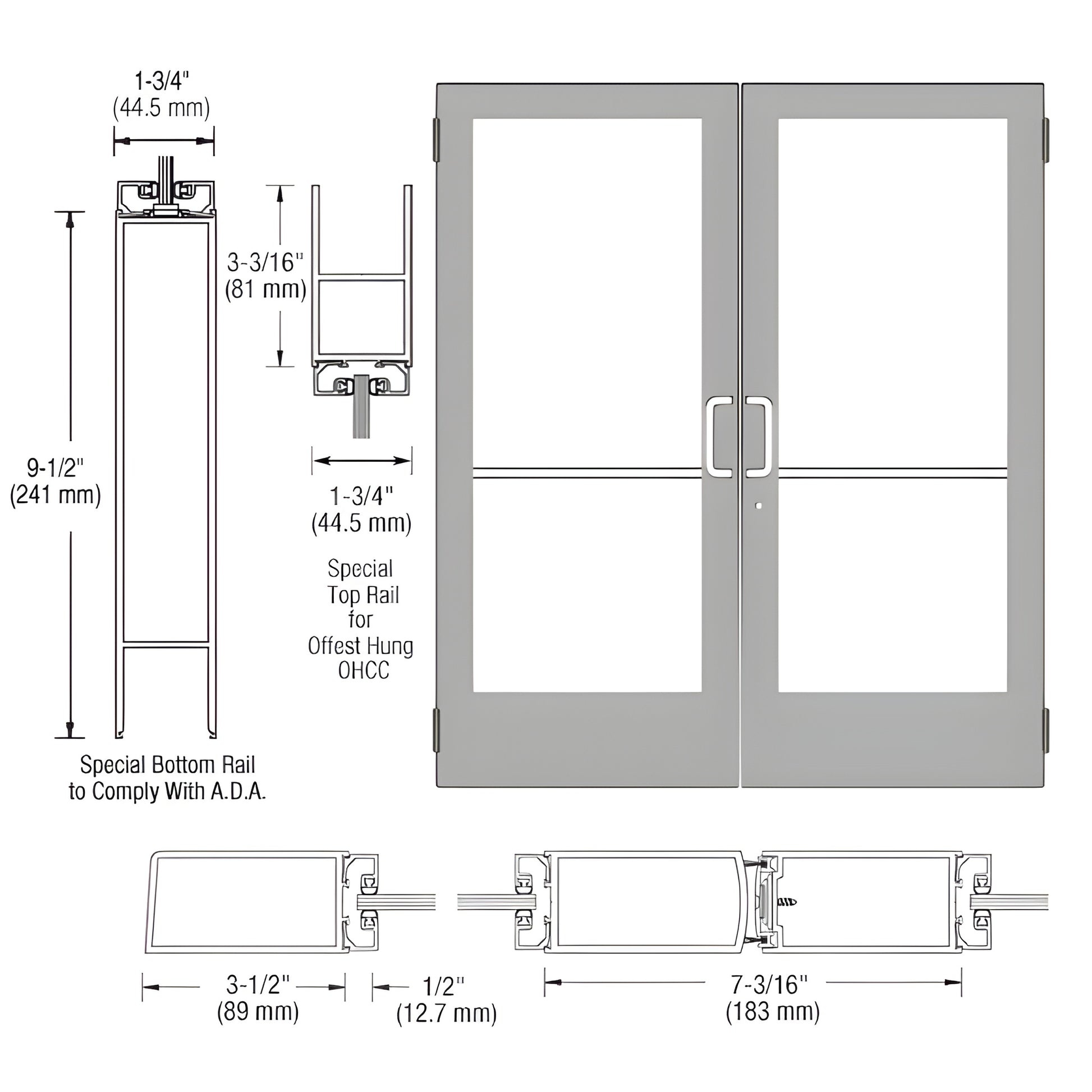 DE42411 clear anodized medium-stile double entrance door with large glass panels, ADA 9.5" bottom rail