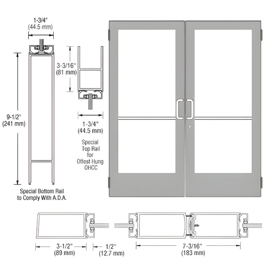 DE42411 clear anodized medium-stile double entrance door with large glass panels, ADA 9.5" bottom rail