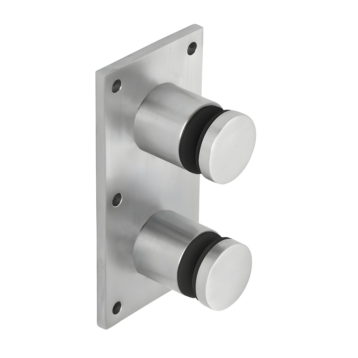 Brushed stainless steel double standoff on rectangular mounting plate, 2" caps for laminated glass. SKU RS0B20BS