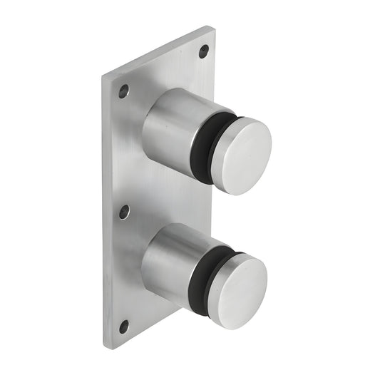 Brushed stainless steel double standoff on rectangular mounting plate, 2" caps for laminated glass. SKU RS0B20BS