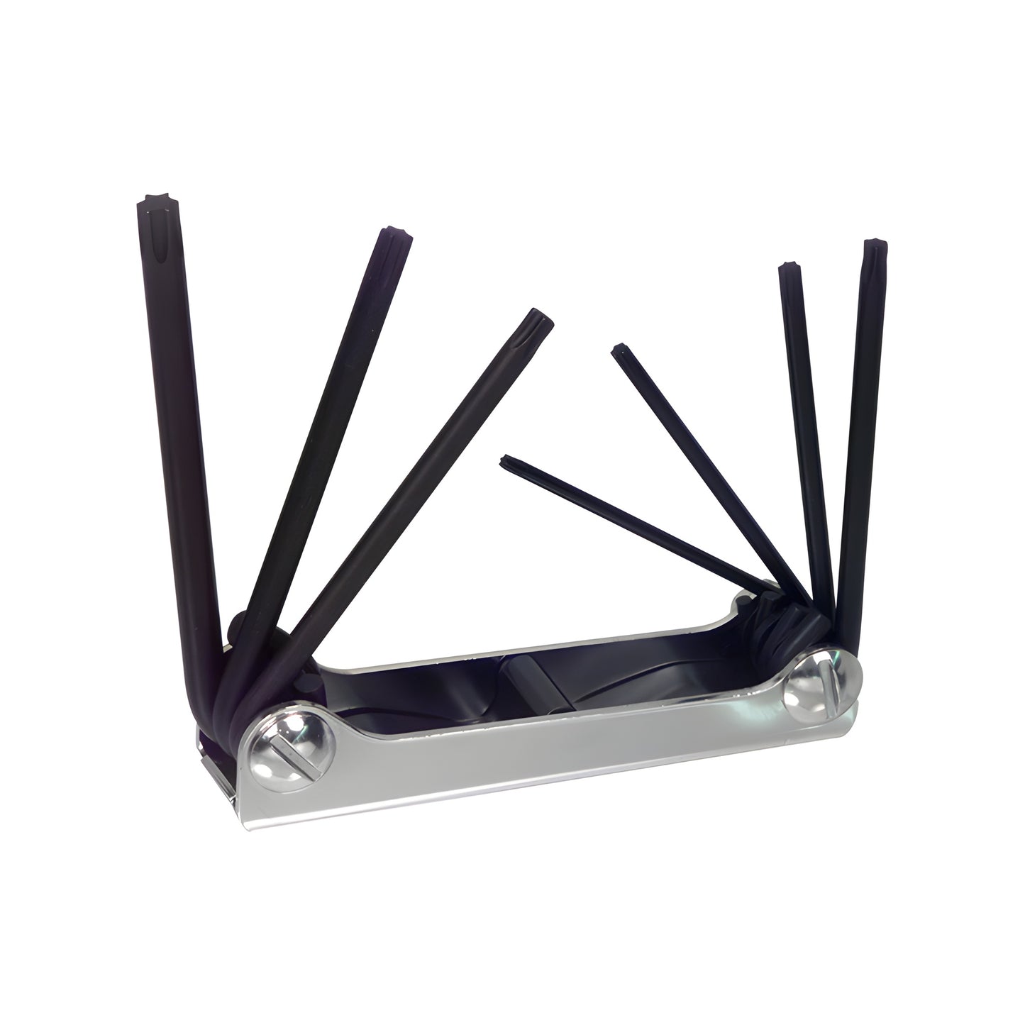 Torx 7-in-1 fold-up Torx key set, chrome handle with seven black fold-out keys (T10-T40) - SKU 22571