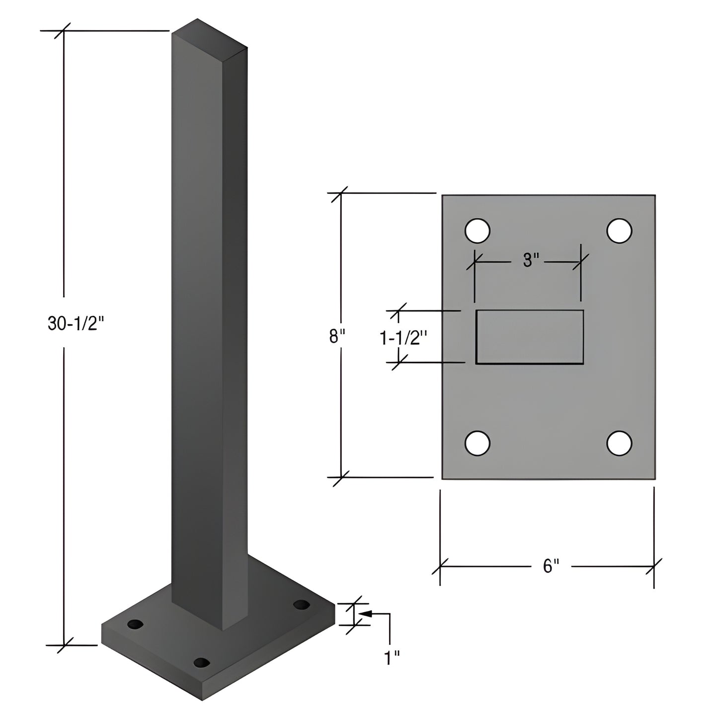 Matte black Cielo post (SKU CS3BL): 301 2" zinc-plated steel post with 6 8", 1" thick base plate and four bolt holes.