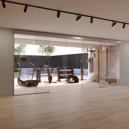 CRL502S2 satin-anodized synchronized bi parting glass door kit, wall mounted top track with two tempered glass panels (8mm)