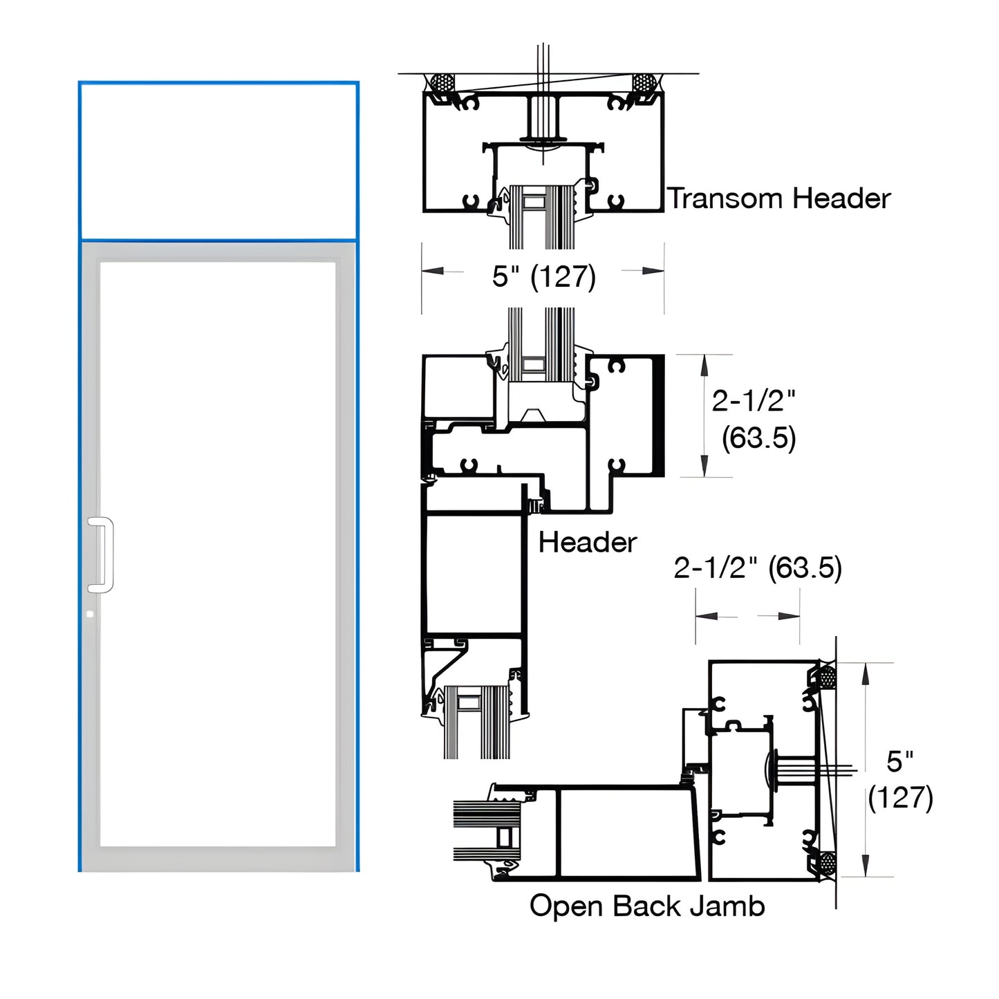 Hurricane-rated Custom Kynar transom door frame diagram, 5" transom, 2-1/2" jamb - SKU 0F91871