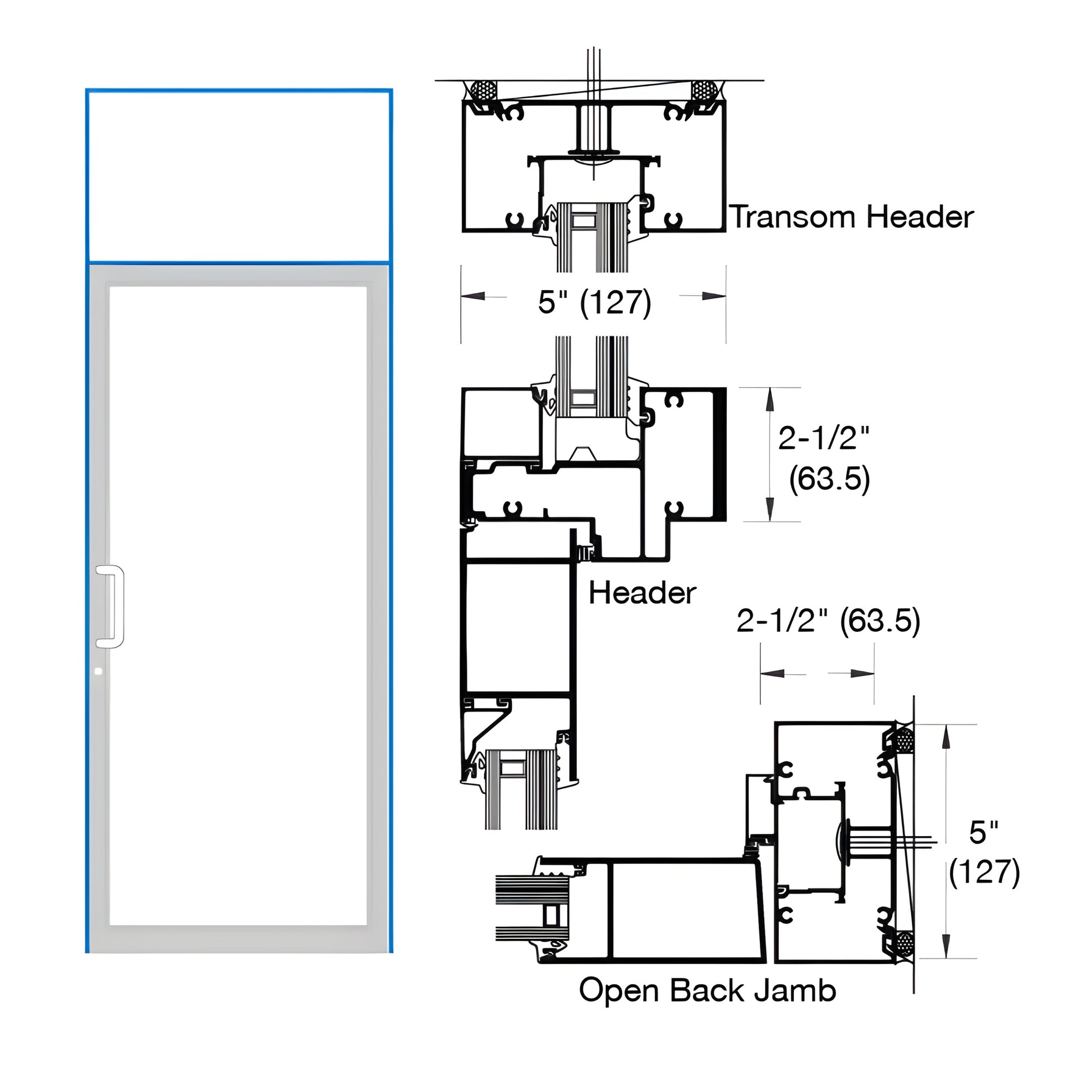 Hurricane-rated Custom Kynar transom door frame diagram, 5" transom, 2-1/2" jamb - SKU 0F91871