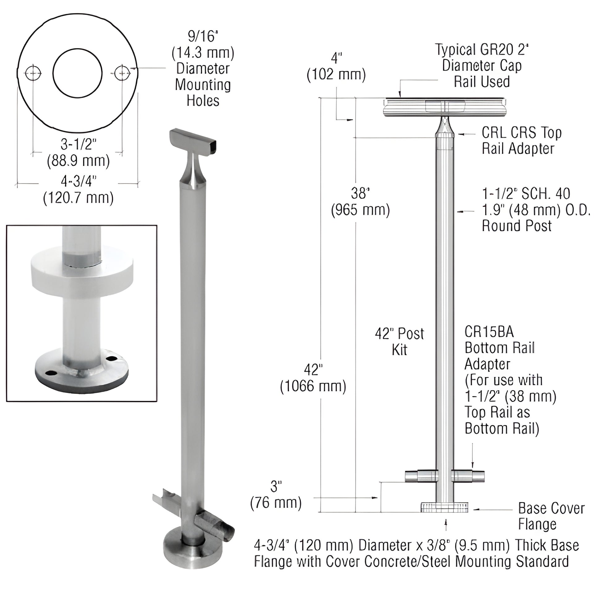 CR42CKBS 42in stainless steel surface-mounted post kit with base cover flange and rail adapters
