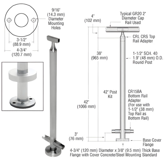 CR42CKBS 42in stainless steel surface-mounted post kit with base cover flange and rail adapters