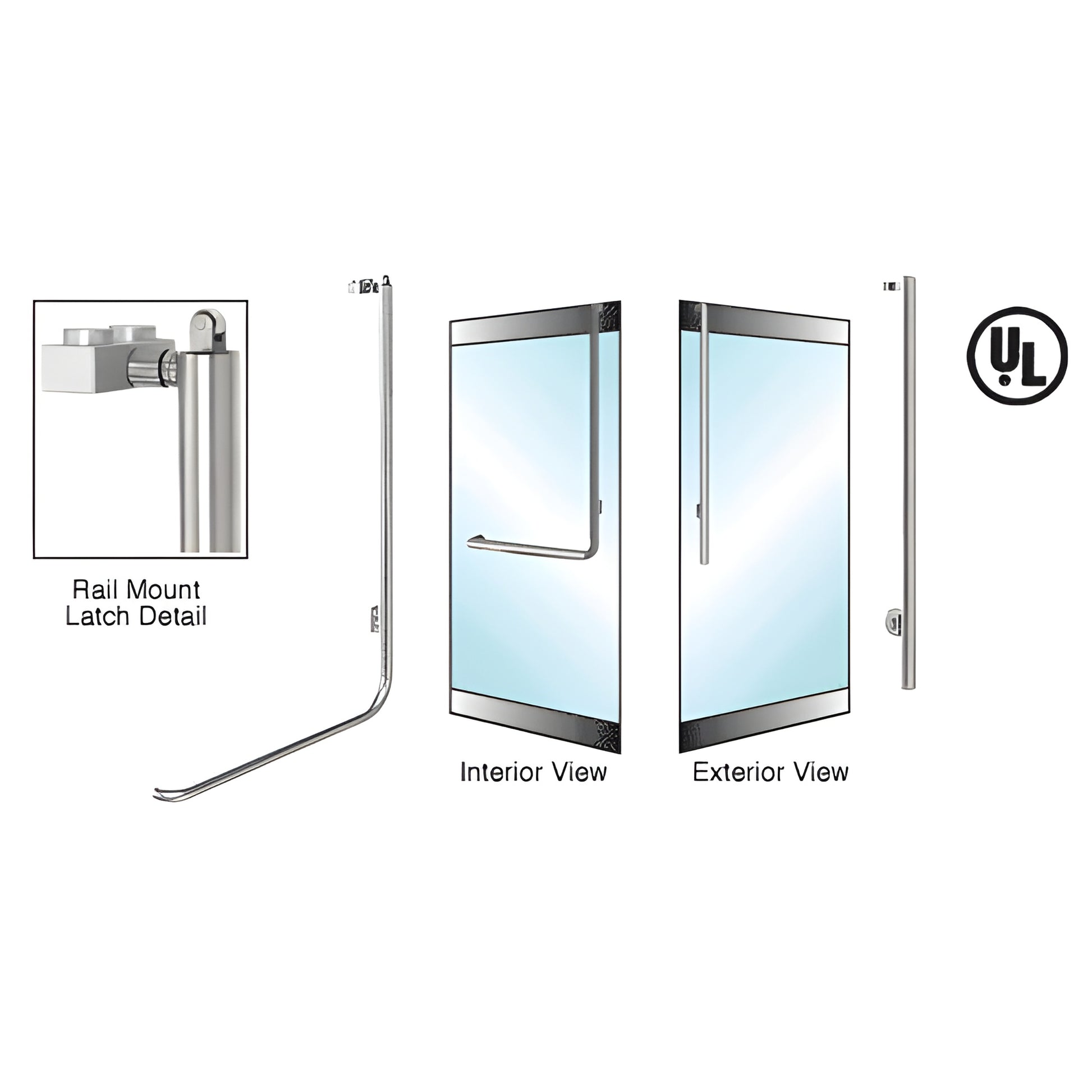 Brushed stainless PA100 rail-mount panic handle for 3/4" tempered glass doors, interior push bar, exterior cylinder - SKU 3P1