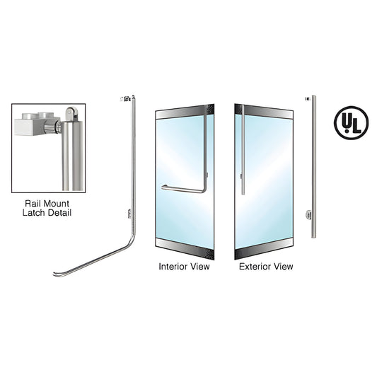 Brushed stainless PA100 rail-mount panic handle for 3/4" tempered glass doors, interior push bar, exterior cylinder - SKU 3P1