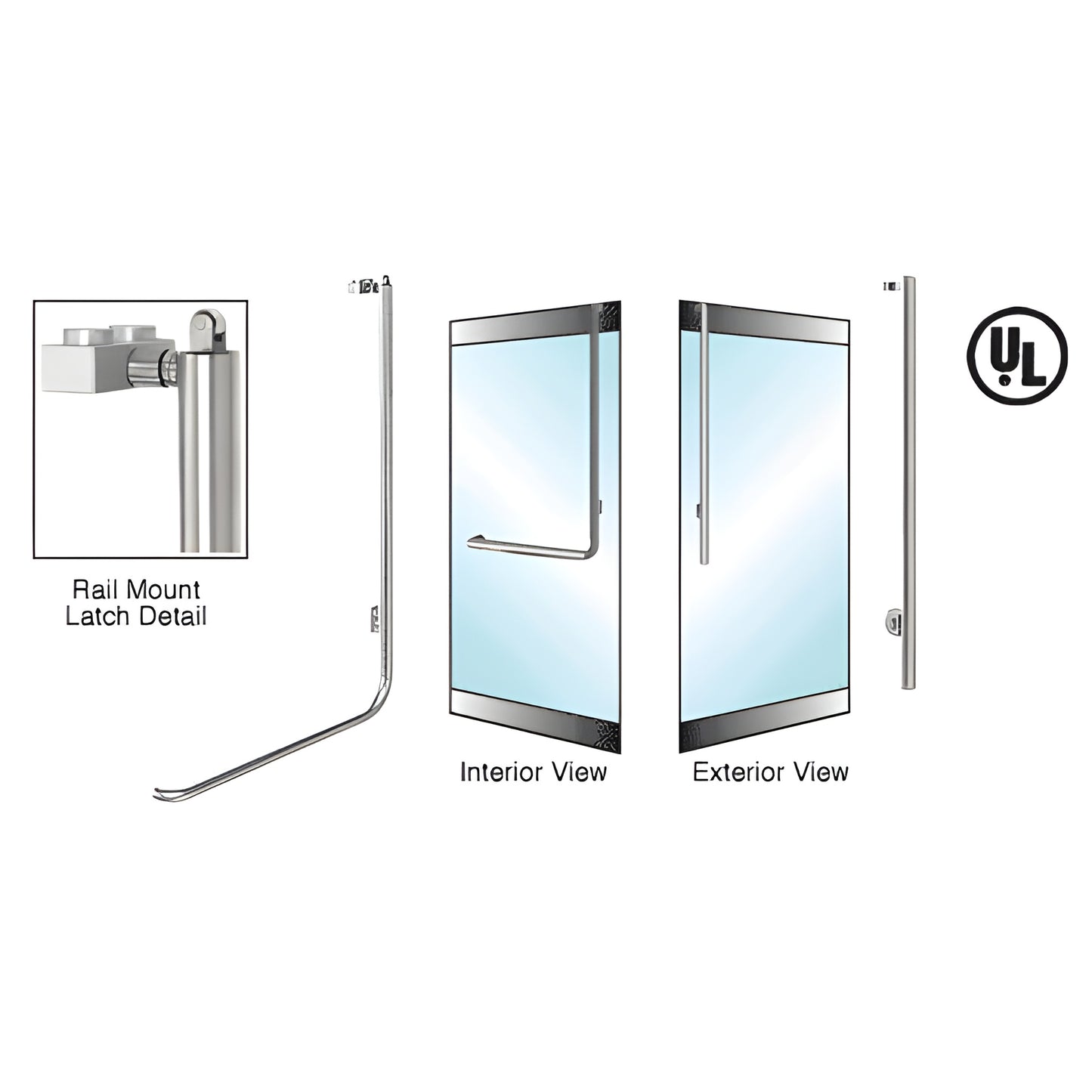 Polished stainless steel tubular panic handle for tempered glass doors, 1-1/4" dia, rail-mount interior push bar.