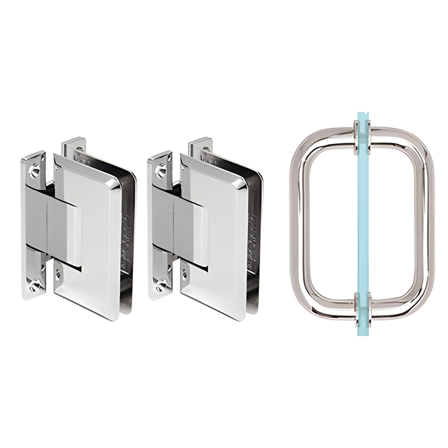 Polished chrome Pinnacle shower hinge and pull set (wall mount hinges + BM6X6 pull) for 8-12mm glass, SKU P1NS3CH