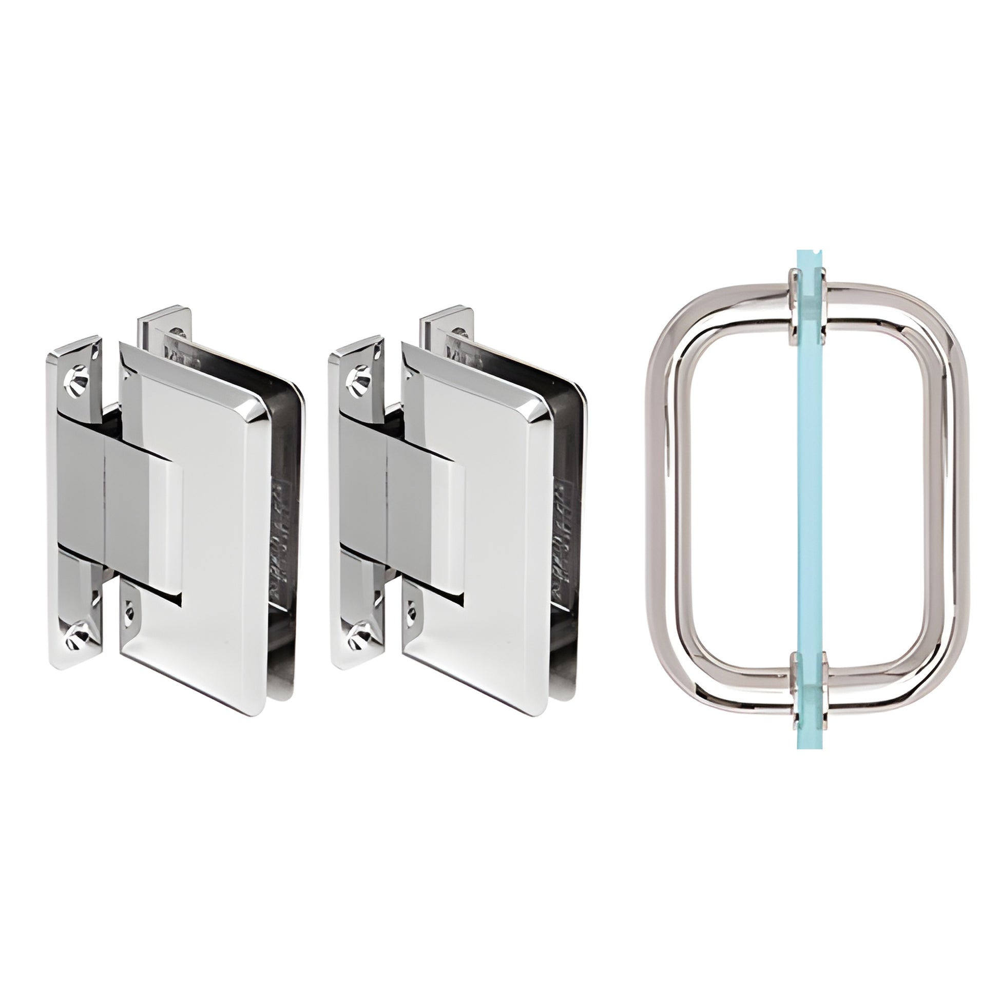 Polished chrome Pinnacle shower hinge and pull set (wall mount hinges + BM6X6 pull) for 8-12mm glass, SKU P1NS3CH