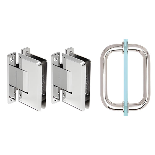 Polished chrome Pinnacle shower hinge and pull set (wall mount hinges + BM6X6 pull) for 8-12mm glass, SKU P1NS3CH