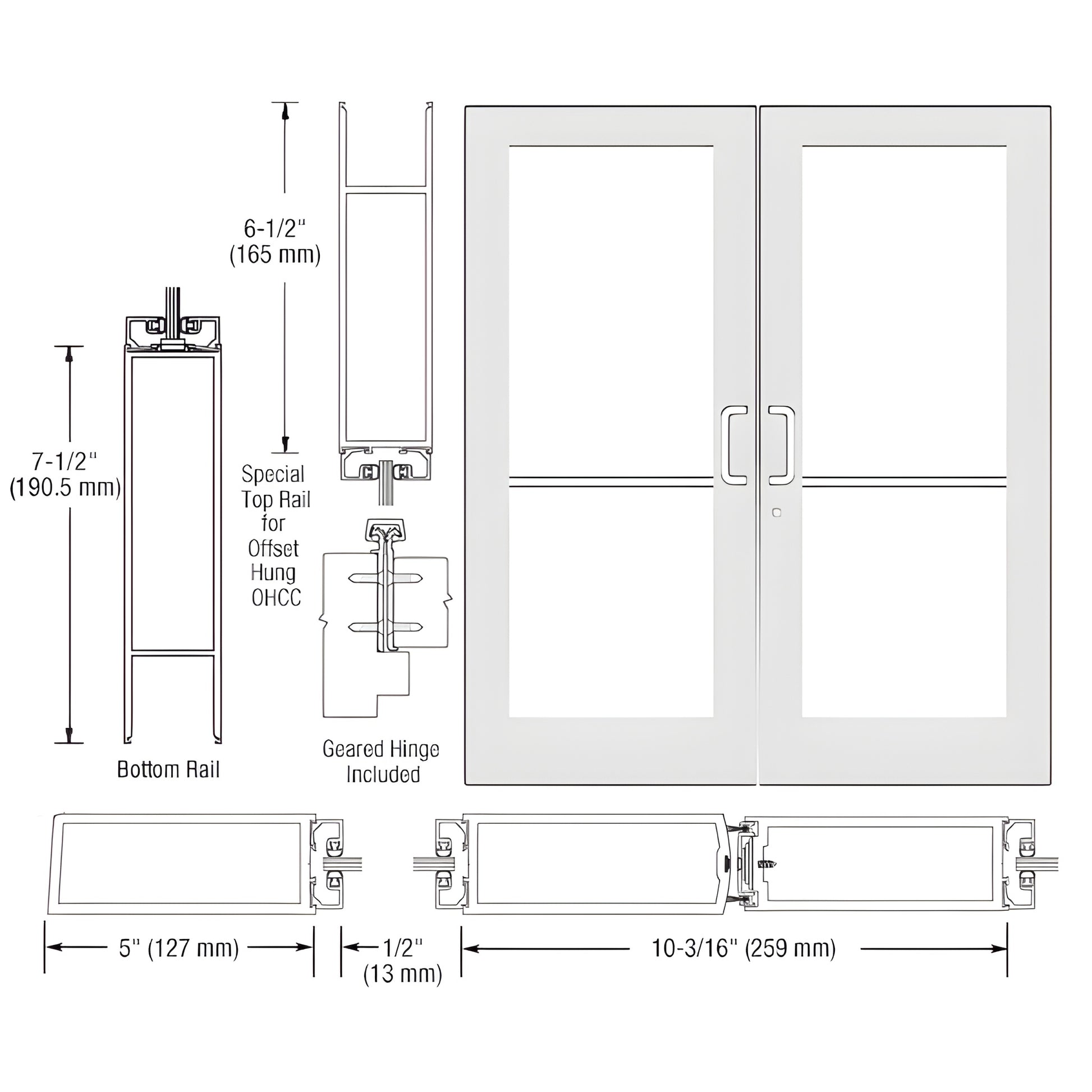 HE52952 white Kynar custom wide-stile double entrance door drawing with 5" stiles, 7.5" bottom rail, offset pivot.
